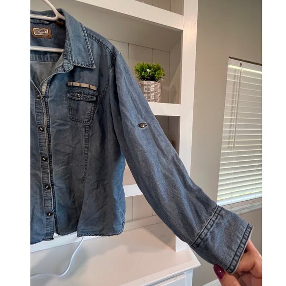 C.E. Schmidt Womens Denim Work Shirt 3X Button Front Roll Tab Sleeves Utility - Picture 7 of 13